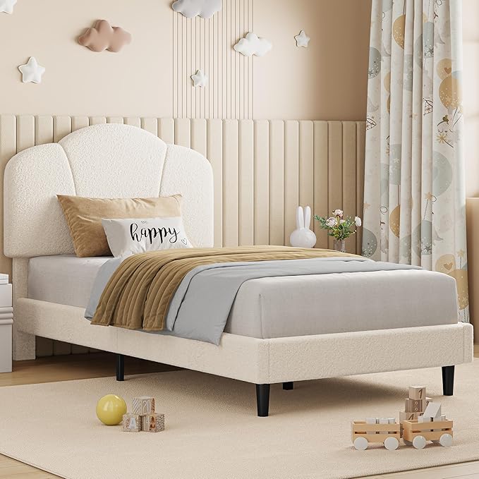 LIKIMIO Twin Size Bed Frame Set of 2, Upholstered Twin Platform Bed with Headboard Lamb Velvet Twin Beds, No Box Spring Needed with 800LBS Sturdy Wooden Slats Support, Noise Free, Easy Assembly, White