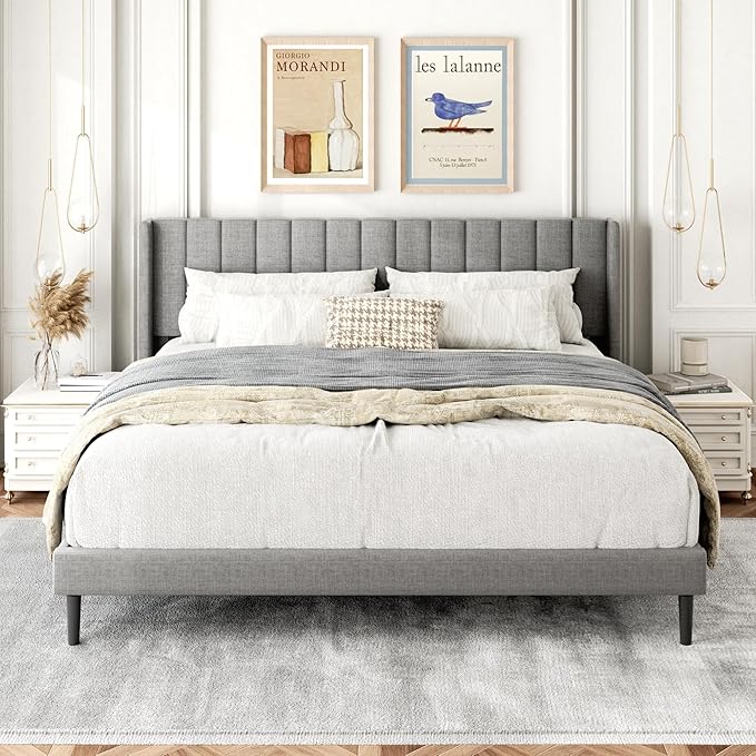 Gruwans King Size Bed Frame with Wingback Headboard, Upholstered Platform Bed, No Box Spring Needed, Sturdy Wooden Slat Support, Easy Assembly, Light Gray