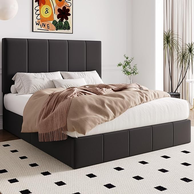 Allewie Queen Size Velvet Lift Up Storage Bed Frame, Vertical Channel Tufted Headboard, Hydrualic Underneath Storage, Upholstered Platform Bed, Wooden Slats Support, No Box Spring Needed, Black