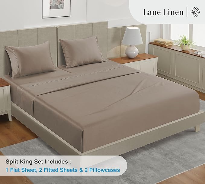 LANE LINEN Split King Sheet Sets for Adjustable Beds - 5 PCs, 450 Thread Count Split King Sheets Set - Sateen Weave King Split Sheets - Split Top King Sheets Set for Adjustable Bed - Taupe