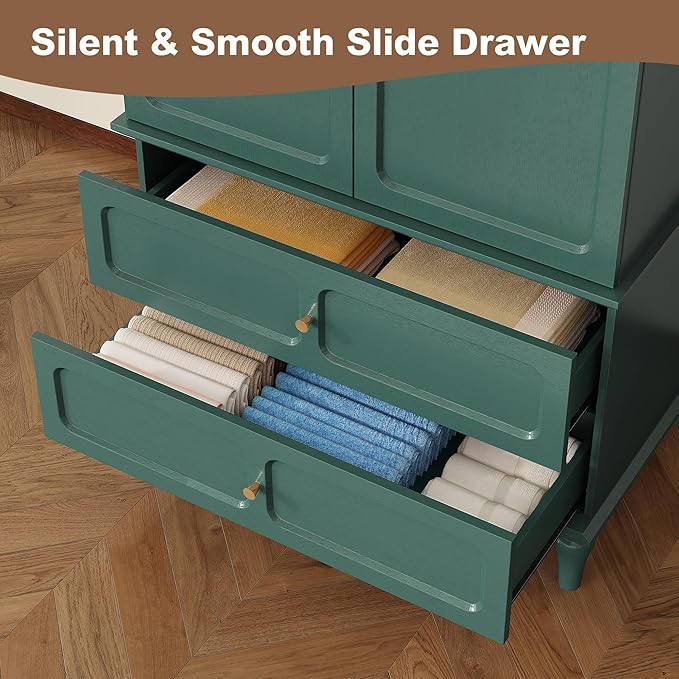 HLR 71" Mid-Century Modern Armoire Wardrobe Closet with Doors and Drawers,Wooden Armoire Storage Cabinet with Hanging Rod for Bedroom,Large Capacity Storage,Green