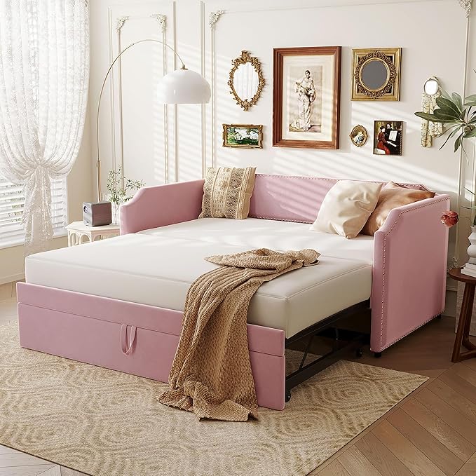 Merax Multifunctional Upholstered Extending Daybed with Trundle Twin to King, Velvet Sofa Bed with Wood Slats, No Box Spring Needed Pink