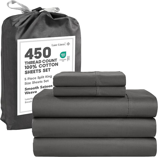 LANE LINEN 100% Cotton 450 Thread Count Split King Sheet Set for Adjustable Beds, Sateen Weave Hotel Quality, Fully Elasticized Oeko Tex Certified Sustainably Produced Machine Washable - Charcoal