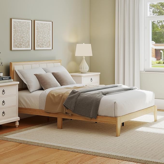 HOMCOM Full Size Bed Frame with Upholstered Headboard, Platform Bed Frame with Wooden Slats, No Box Spring Needed, Easy Assembly, Natural