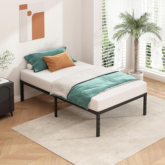 HLIPHA Metal Platform Bed Frame 18 Inch Tall,No Box Spring Needed,Twin Size Bed with Heavy Duty Strong Support Slats,Easy to Assemble,Black