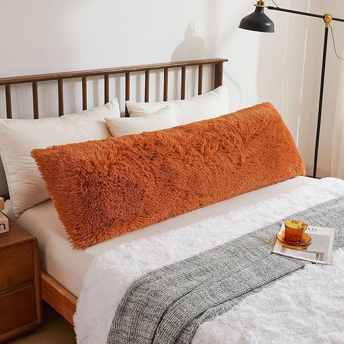 XeGe Shaggy Faux Fur Body Pillow Cover, Fluffy Long Bed Pillowcase with Zipper, Soft Decorative Plush Furry Body Pillowcase, Terracotta Fuzzy Pillow Sham for Kids Girls Women 20"x54", Burnt Orange