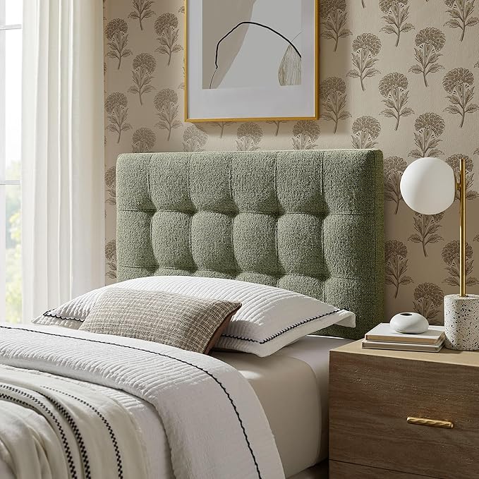 Modway Lily Twin Size Headboard with Biscuit Tufting in Leaf - Fabric Upholstery with Padded Design and 5 Height-Adjustable Mounts