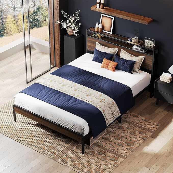 LIKIMIO Full Bed Frame with Headboard, Dark Wood Camas Full with Strong Supports, Sturdy, Noise-Free, No Box Spring Needed, Dark Walnut