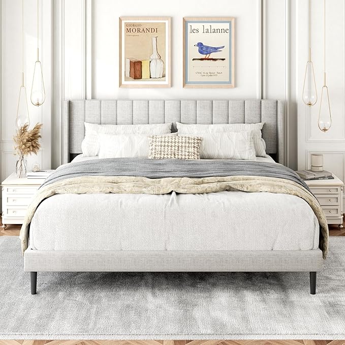 Gruwans King Size Bed Frame with Upholstered Wingback Headboard, Easy Assemnly Platform Bed, Wooden Slat Support No Box Spring Needed, Sand