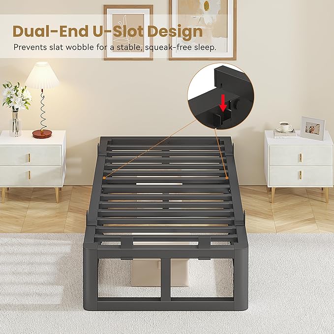 14 Inch Twin Bed Frames with Rounded Corner and Headboard Hole, Metal Platform Bed Frames 6 Non-Slip Guards, 3500lbs Heavy Duty Steel Slat Support, Squeak Free, No Box Spring Needed, Black