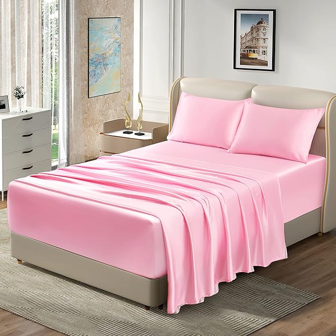 Homiest 4pcs Extra Deep Pocket Satin Sheets Queen Size Bed Set, 18-24 Inch Deep Pocket Bed Sheets Pink Satin Sheet Set, Silky Satin Bedding Set Luxury Fitted Sheet Set Fits Ultra Deep Mattress
