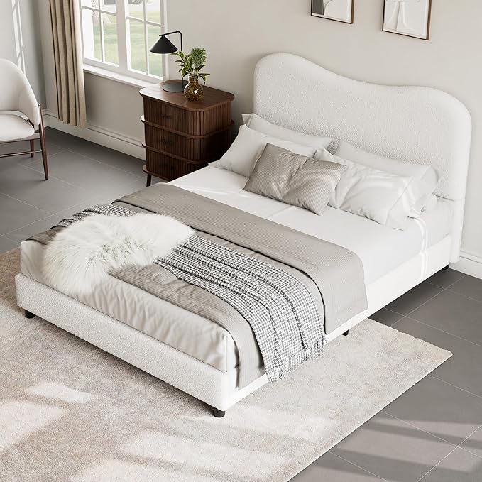 GarveeHome Boucle Full Size Bed Frame with Upholstered Headboard, Soft Low Profile Sturdy Platform Bed with Rounded Corners Design, Heavy Duty, Wooden Slats, Noise Free, No Box Spring Needed, White