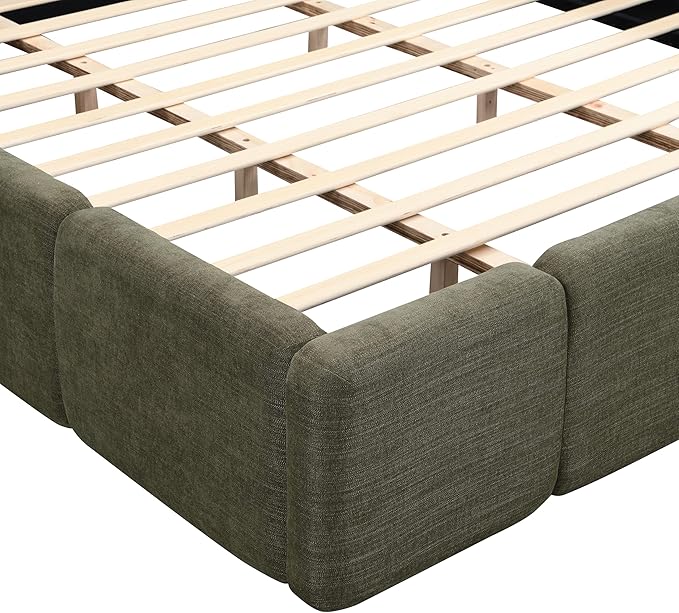 Merax California King Size Boucle Platform Bed with Thick Headboard and Footboard, Block Style Upholstery Floor Bed Frame, Green