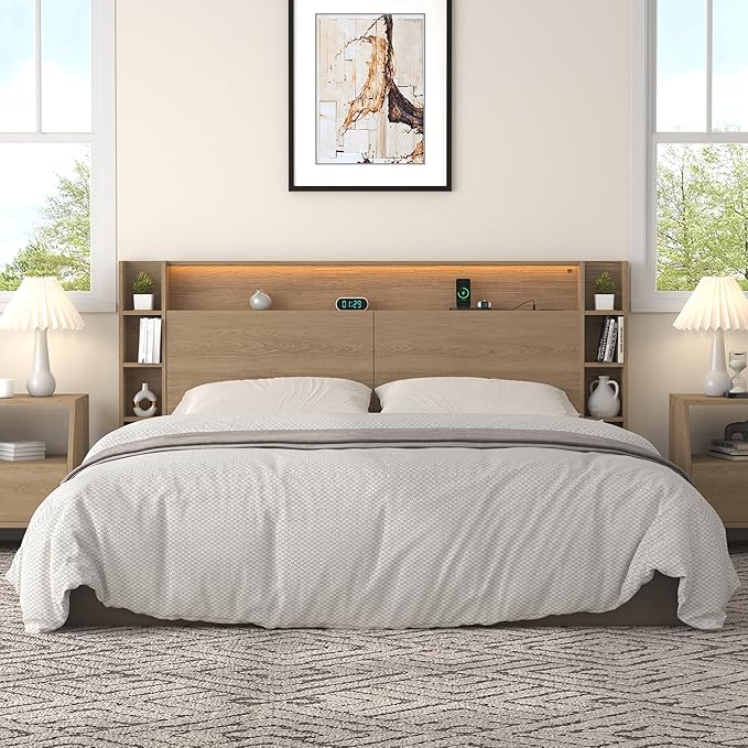 Queen Headboard Only with Shelves Storage, Headboards with Charging Station 2 USB Ports and LED Light,Sturdy and Stable Modern Sturdy and Stable Wood Bed Board (Natural Oak, Queen) | Solid wood leg, chargestation, Storage