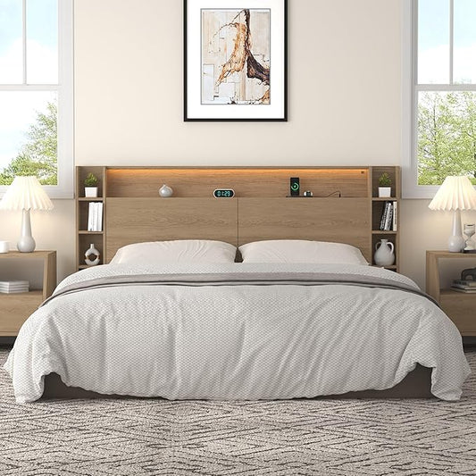 King Headboard Only with Shelves Storage, Headboards with Charging Station 2 USB Ports and LED Light,Sturdy and Stable Modern Sturdy and Stable Wood Bed Board (Natural Oak, King) | Solid wood leg, chargestation, Storage