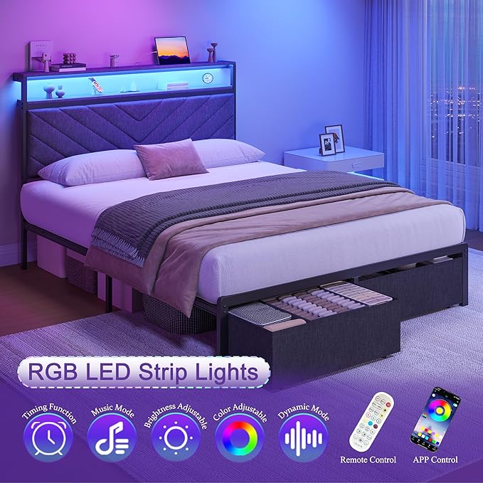 Fluest Full Bed Frame with 2 Drawers, Upholstered Headboard with Storage and Charging Station, LED Lights, Fabric Drawers with Wheels, Under Bed Storage, No Box Spring Needed, Easy Assembly, Grey
