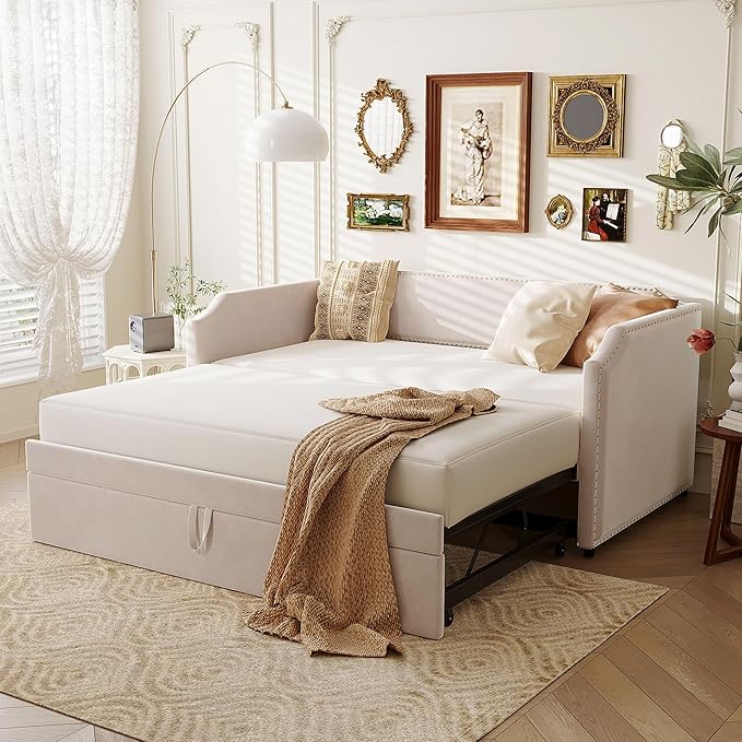 Merax Velvet Upholstered Daybed with Pop Up Trundle Twin to King Desigin, Twin Size Extendable Sofa Bed, Easy Assembly,No Box Spring Needed, Beige