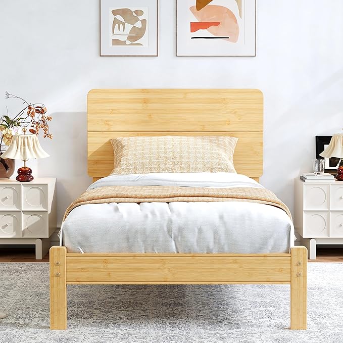 BOSRII 12in High Solid Bamboo Wood Platform Twin XL Bed Frame with Headboard, Reinforced Heavy Duty Metal Slats, Noise Free, No Box Spring Needed, Easy Assembly