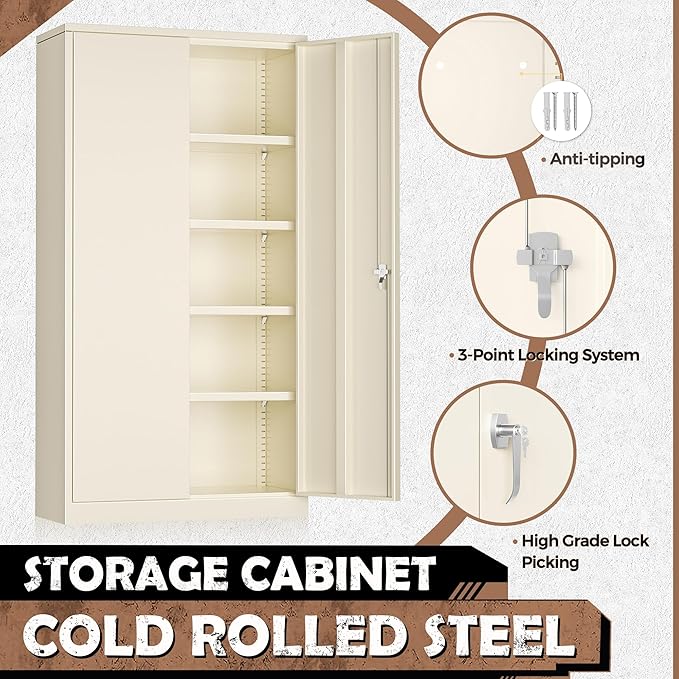INTERGREAT Tall Metal Storage Cabinet Locking Steel with 4 Adjustable Shelves,72" Lockable Cabinets Lock 2 Doors for Office Garage Supply Home (Cream Gray)