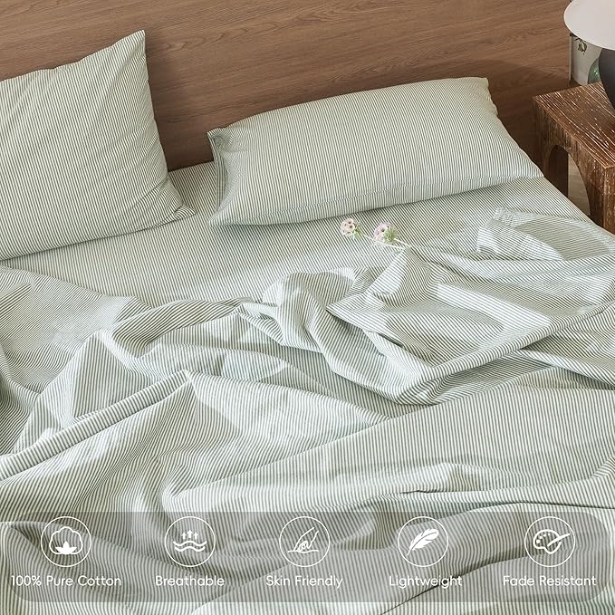 MooMee Striped Duvet Cover Set 100% Washed Cotton Linen Like Textured Breathable Durable Soft Comfy (Sage Green White Pinstripes, Full 80"x90")