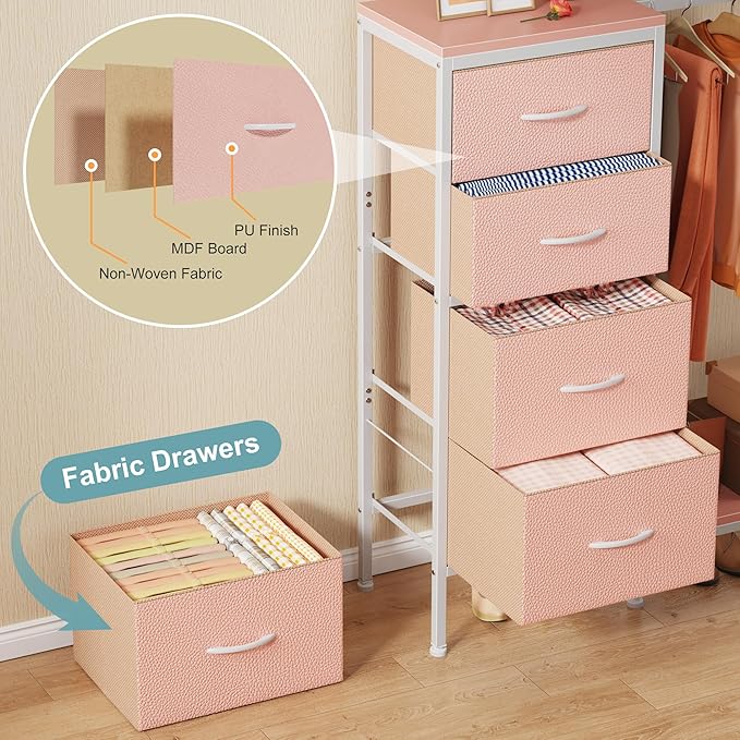 HIGDBFE Dresser with Hanging Rack, 4 Drawers Small Closet for Bedroom, Reversible Fabric Kids Chest of Drawers with Clothes Rack, Tall Storage Tower, Sturdy Frame, Pink, 44''H