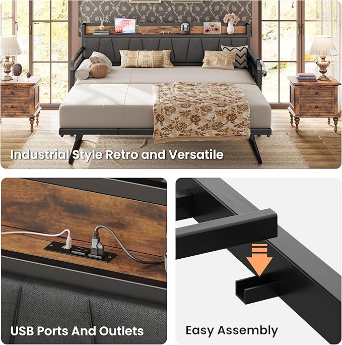 LIKIMIO Twin Daybed, Day Bed with Trundle, Storage Upholstered Headboard and Charging Station, Trundle Bed with Strong Supports for Living Room, Bedroom, and Guest Room, Grey