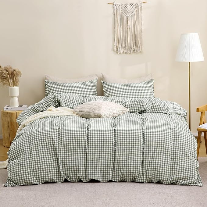 TOCOMOA Green Gingham Duvet Cover Bedding Set 100% Washed Cotton Like Linen Feel Super Soft Comfy 3 Piece Vintage Plaid Checkered Comforter Cover Set (Oversized Queen 98"x98", Comforter Not Included)