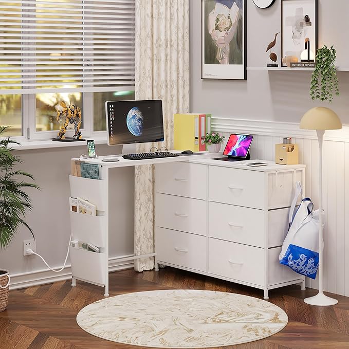Simoretus Modern Corner Vanity Desk with 6 Fabric Drawers Power Outlet Side Pocket L Shaped Drawers Makeup Desk Dressing Table for Girls Women Bedroom (White)