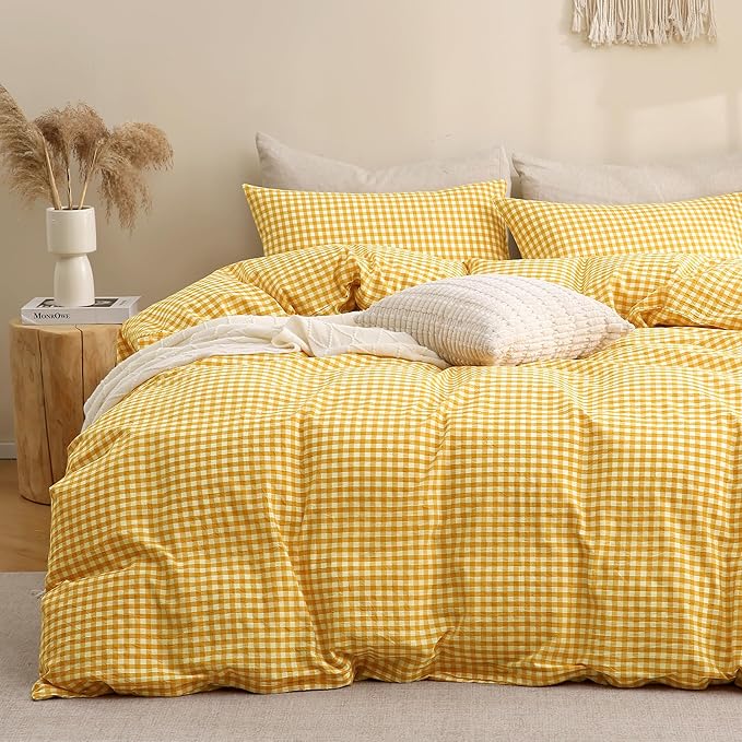 TOCOMOA Yellow Gingham Duvet Cover Bedding Set 100% Washed Cotton Like Linen Feel Super Soft Comfortable 3 Piece Vintage Plaid Checkered Comforter Cover Set (Queen 90"x90", Comforter Not Included)
