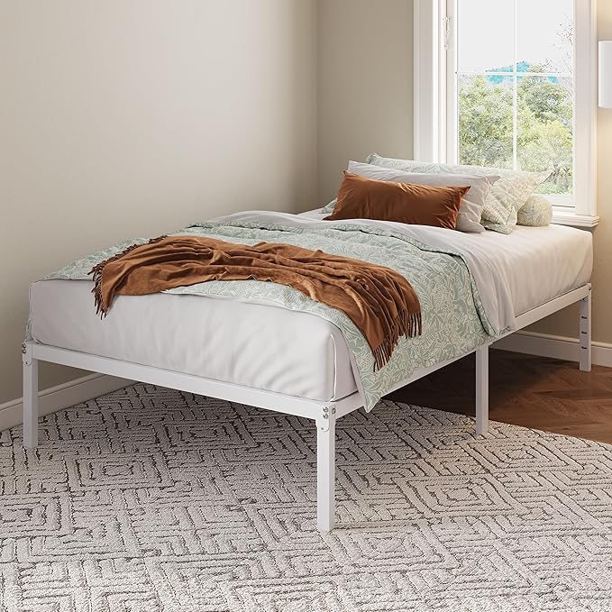 Allewie Twin Bed Frame, 12 Inch Metal Platform Beds with Storage Space, No Box Spring Required and Easy Assembly, White