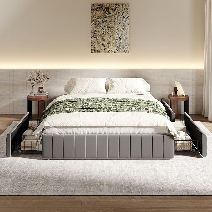 SHA CERLIN Queen Size Velvet Upholstered Platform Bed Frame with 4 Storage Drawers, Vertical Channel Tufted, Low Profile, Fits Standard Headboards, Wooden Slats Support, Easy Assembly, Grey