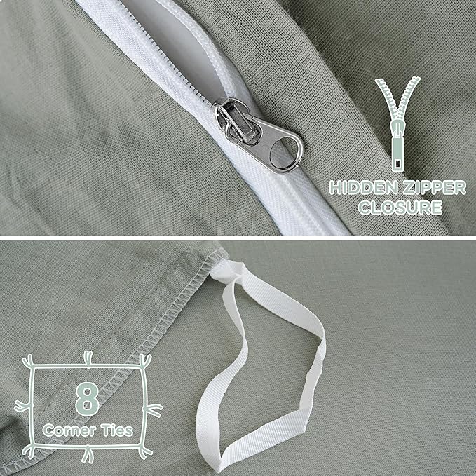 TOCOMOA Muslin Duvet Cover 100% Cotton Like Linen Texture Breathable Soft Comfy 3-Piece Sage Green Comforter Cover Bedding Set (King 104"x90", Comforter Not Included)