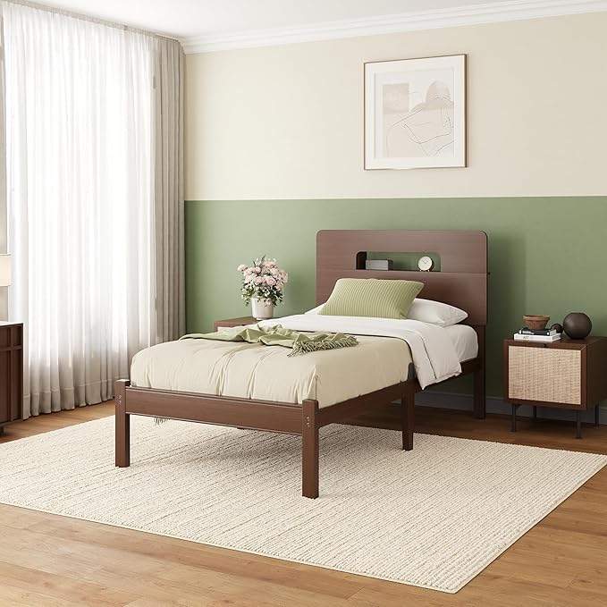 ZIYOO 14 Inch Twin Size Bed Frame, Walnut Bamboo Platform Bed with Solid Frame & Heavy-Duty Iron Slats, No Box Spring Needed, Noise-Free Design