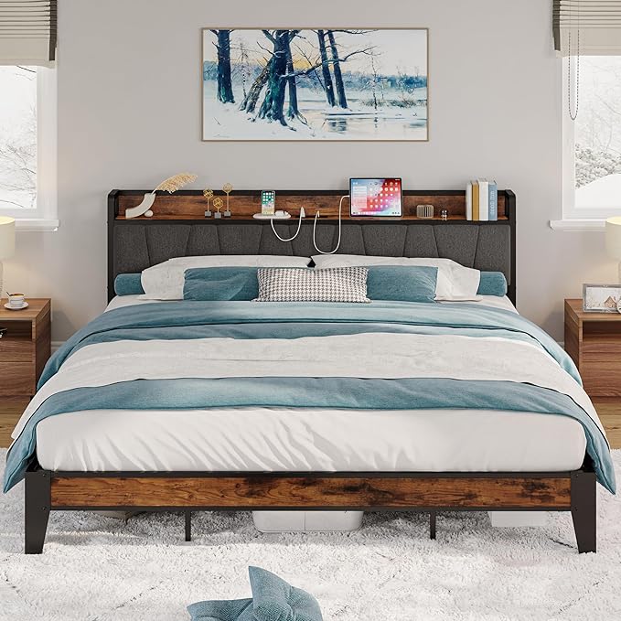 LIKIMIO California King Bed Frames, Storage Headboard with Charging Station, Solid and Stable, Noise Free, No Box Spring Needed, Easy Assembly