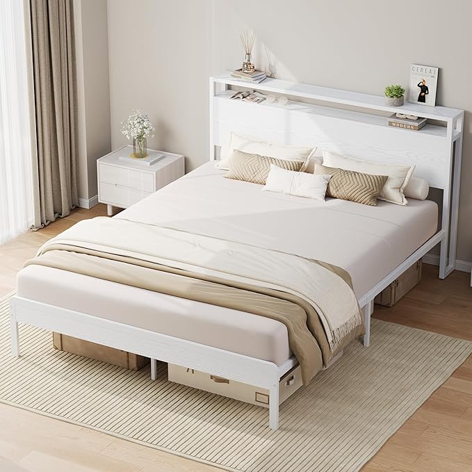 LIKIMIO Full Bed Frame with Headboard, Wood Camas Full with Strong Supports, Sturdy, Noise-Free, No Box Spring Needed, White