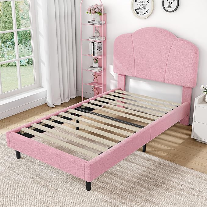 LIKIMIO Twin Size Bed Frame, Upholstered Twin Platform Bed with Headboard Lamb Velvet Twin Beds, No Box Spring Needed with 800LBS Sturdy Wooden Slats Support, Noise Free, Easy Assembly, Pink