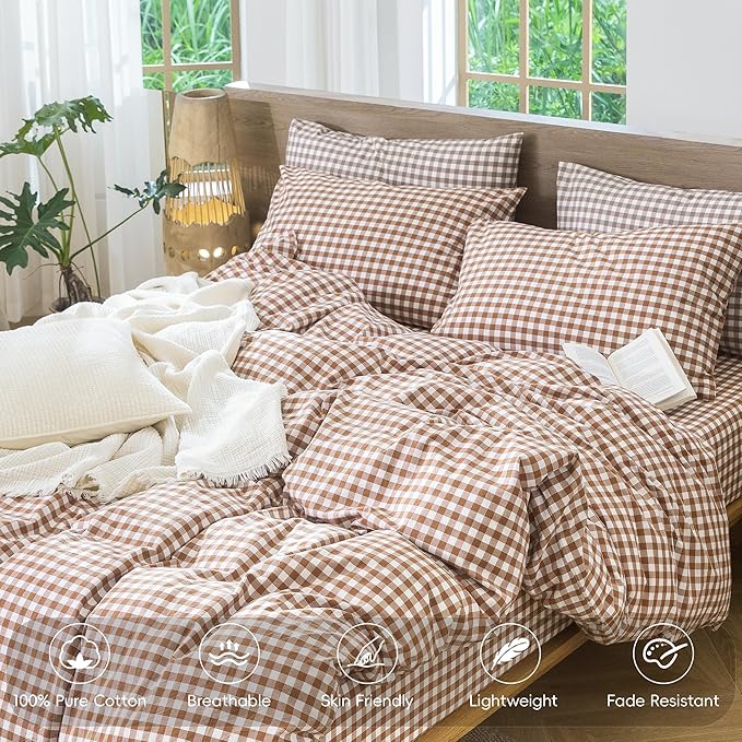 MooMee Gingham Duvet Cover Set 100% Washed Cotton Linen Like Textured Breathable Durable Soft Comfy Modern Checkered Design (Dark Orange Gingham, Super Queen 90"x98")