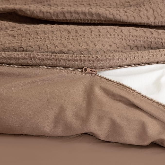 Dreamology Waffle Weave Duvet Cover Queen, Queen Bedding Set,100% Cotton Waffle Duvet Covers with Zipper Closure, Soft Textured & Breathable,Duvet Cover Queen 3 Pieces (Brown)