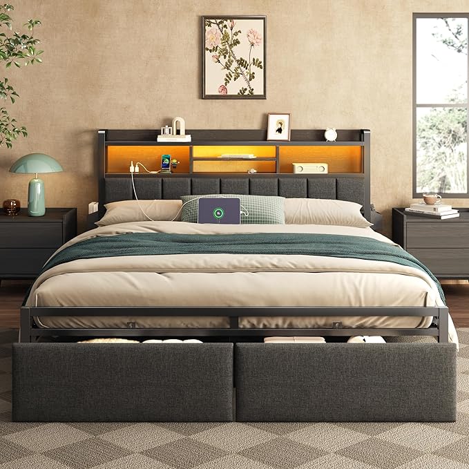 Furnulem King Bed Frame with Wood Headboard & Storage Drawers, Metal Platform Bed Frames King Size with LED Lights, Built in Charging Station, No Box Spring Needed, No Noise, Easy Assembly, Black