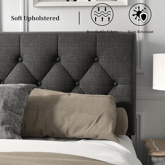 HAOARA Full Size Platform Bed Frame with Upholstered Button Tufted Headboard, Mattress Foundation with Wooden Slat Support, Noise Free, No Box Spring Needed, Easy Assembly, Dark Grey