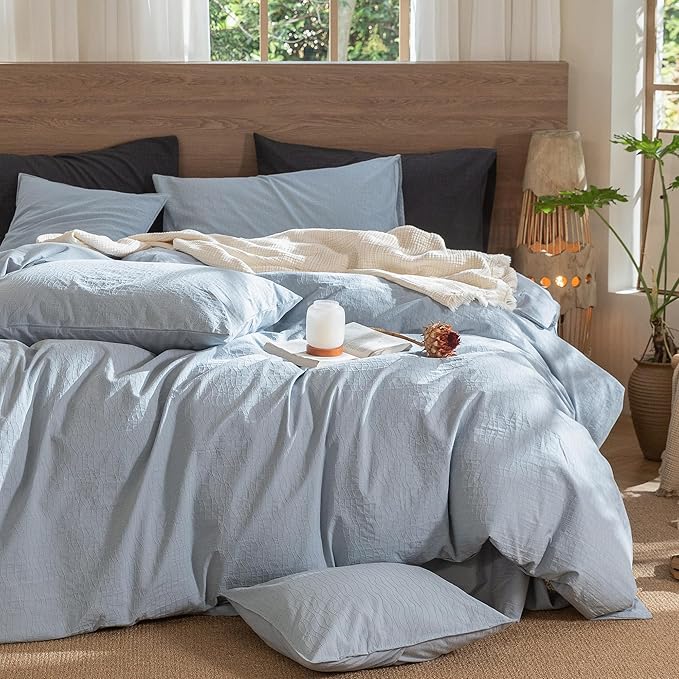 MooMee Wavy Striped Duvet Cover Set 100% Washed Cotton Linen Like Textured Breathable Durable Soft Comfy (Cornflower Blue, Twin 68"x90")
