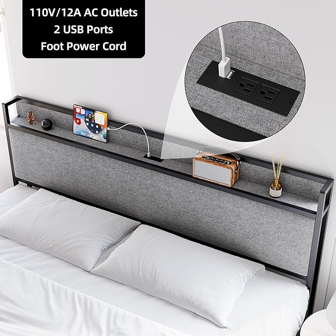 King Size Bed Frame with USB Ports and 2 Storage Drawers, Modern Platform Bed with Upholstered Shelf Headboard, Sturdy, Noise Free, No Box Spring Needed, Gray