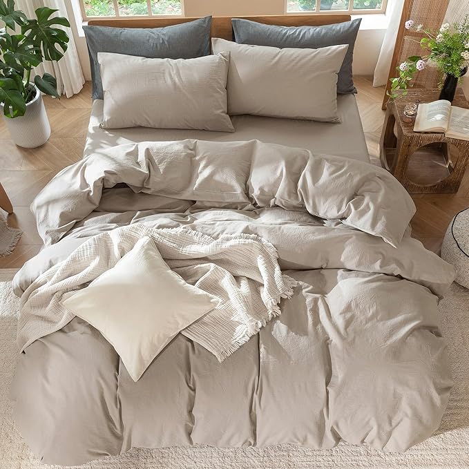 MooMee Bedding Duvet Cover Set 100% Washed Cotton Linen Like Textured Breathable Durable Soft Comfy (Solid Light Tan, Full 80"x90")