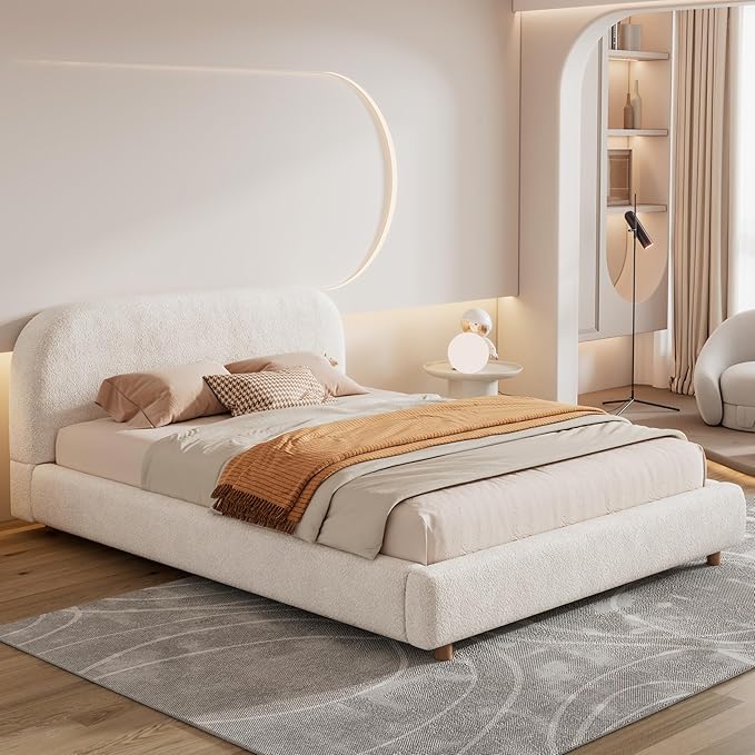 Merax Queen Size Teddy Fleece Thick Fabric Upholstered Platform Bed with Curved Shaped Headboard, Wood Bed Frame with Solid Round Legs for Kids Teens Adults, White