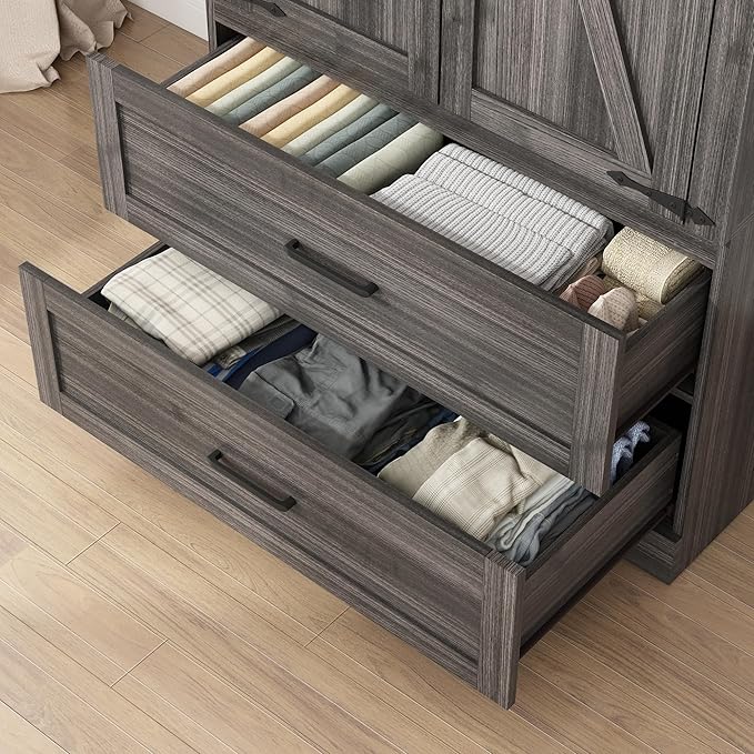 Hlivelood 2 Doors Wardrobe Armoire Closet with Doors and Drawers, Farmhouse Wooden Armoire Storage Cabinet with Shelves & Hanging Rod for Bedroom, Grey