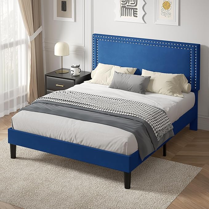 VECELO Queen Size Platform Bed Frame with Height Adjustable Upholstered Headboard, Modern Mattress Foundation,Strong Wood Slat Support, No Box Spring Needed, Easy Assembly,Dark Blue