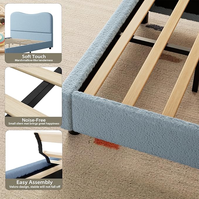 Boucle Twin Bed Frame for Kids with Upholstered Headboard, Low Profile Sturdy Platform Bed with Soft Boucle Fabric for Girls and Boys, Heavy Duty, Wooden Slats, Noise Free, No Box Spring Needed, Blue