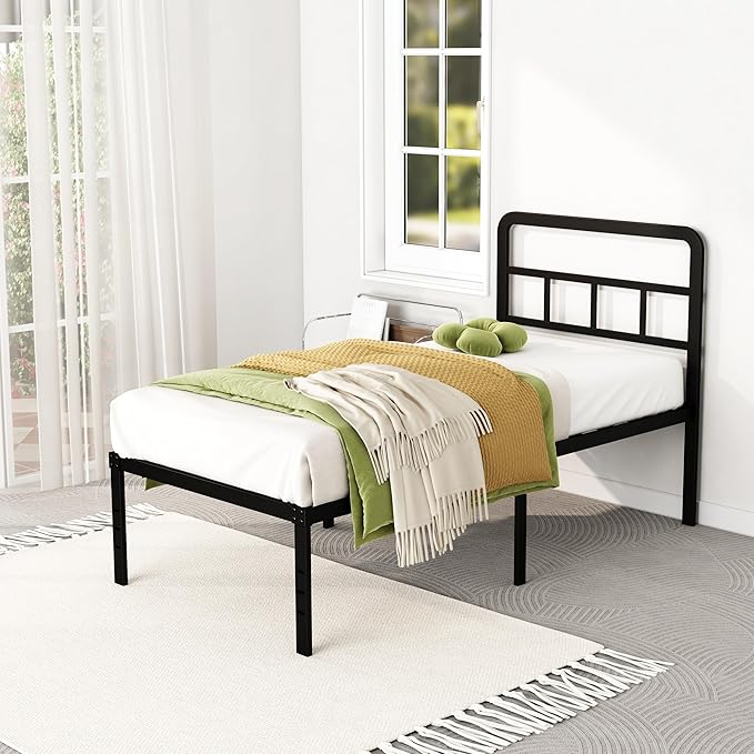 DiaOutro 18 Inch Twin XL Bed Frame with Headboard No Box Spring Needed Metal Platform Heavy Duty Steel Slat Mattress Foundation/Easy Assembly/Noise Free/Black