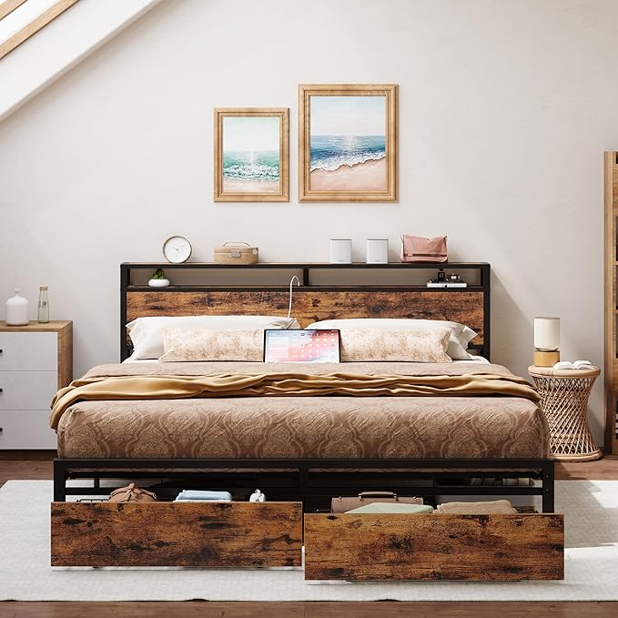 LIKIMIO California King Bed Frame with Storage Headboard, Platform Bed with Drawers and Charging Station, No Box Spring Needed, Easy Assembly, Vintage Brown