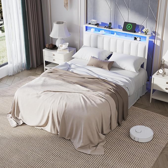 Furnulem White Full Size Bed Frame with Charging Station & Led Lights, PU Leather Upholstered Headboard with 2-Tier Storage Shelves, No Box Spring Needed, Metal Slat Support, Solid and Stable